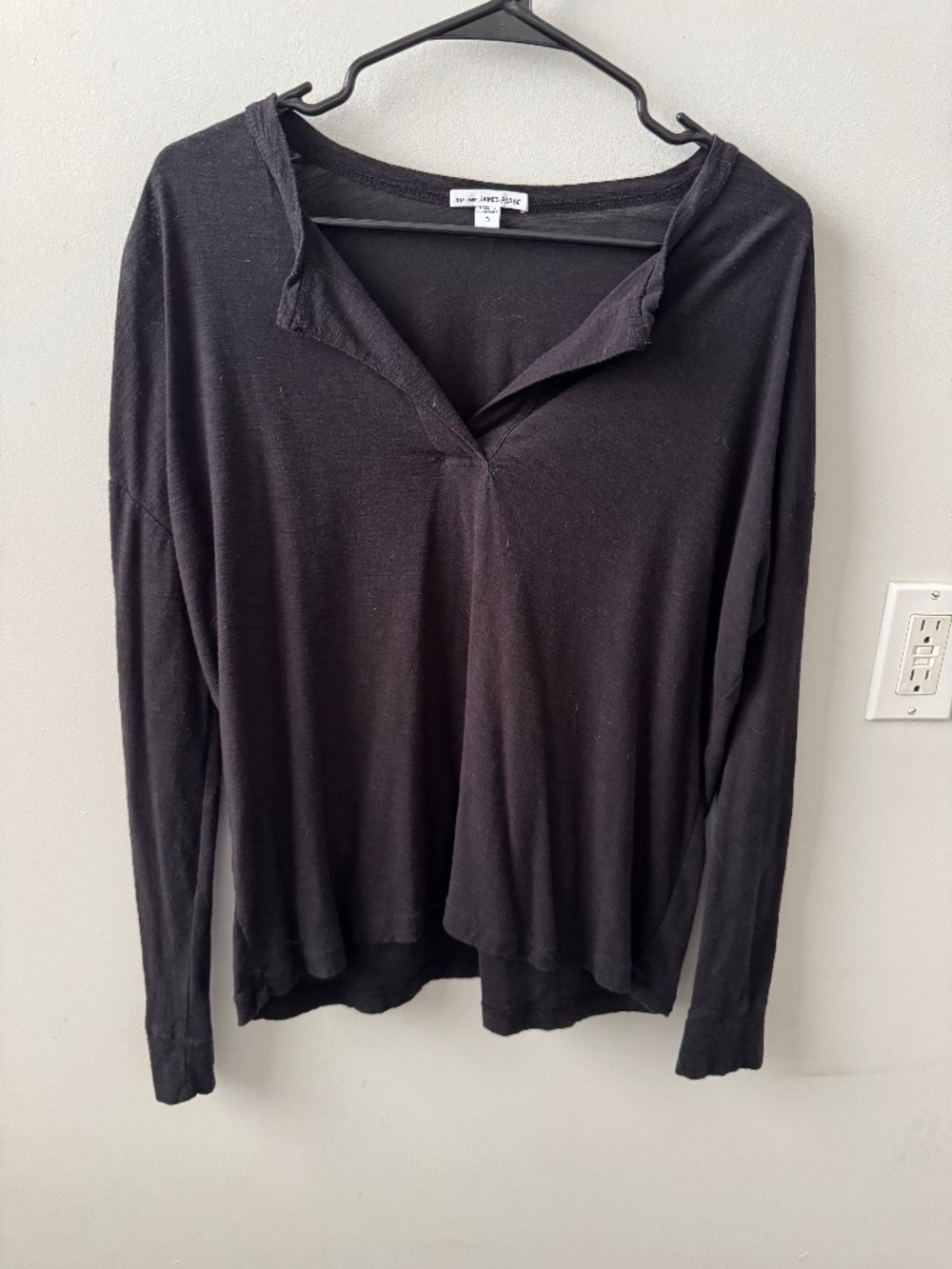 James Perse Sheer Slub Long Sleeve Open V Neck Top Black Size 3 Large L Slouchy